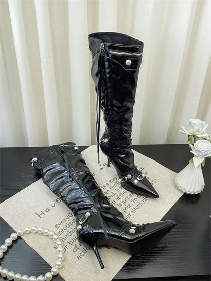 ZAROY Thin High Heels Knee-high Boots Women Winter Shoes Designer Tassels Rivet Side Zippers Sexy Pointed Toe Punk Long Booties