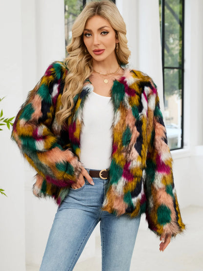 2026 Autumn Winter Color Print Faux Fur Coat Women Casual Long Sleeve Fluffy Plush Jacket O Neck Thick Fake Fur Warm Outwear