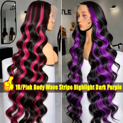 220% Density Ombre Purple Highlight Body Wave 13x6 HD Lace Front Wig Human Hair Waves Dark Purple 13x4 Lace Frontal Wigs For Women