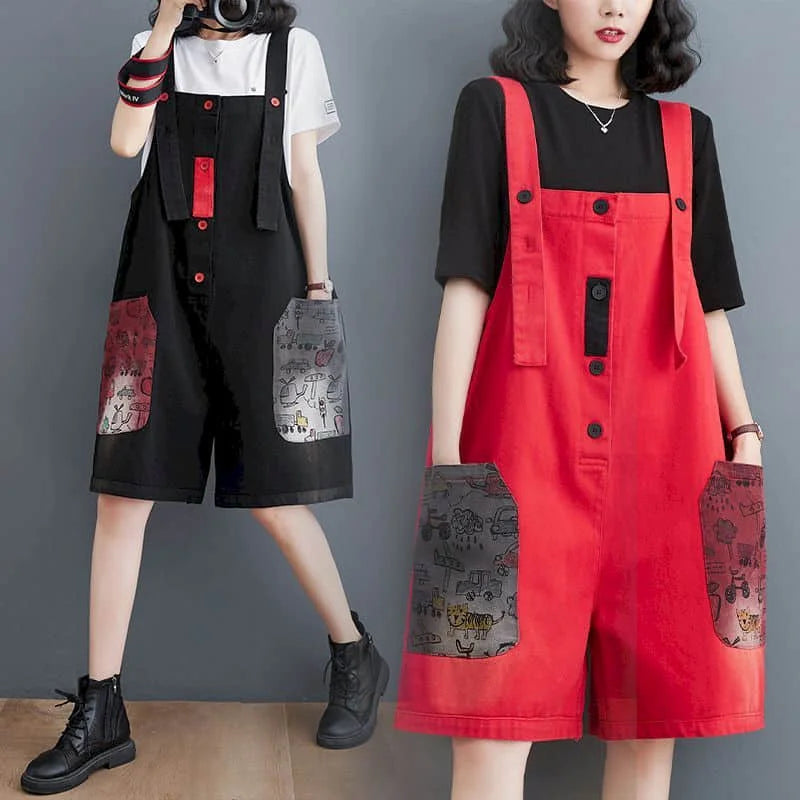 Denim Jumpsuits 2026 Summer Fabric Patch Pants Korean Style Wide Leg Shorts Loose Playsuits One Piece Outfits Women Clothing