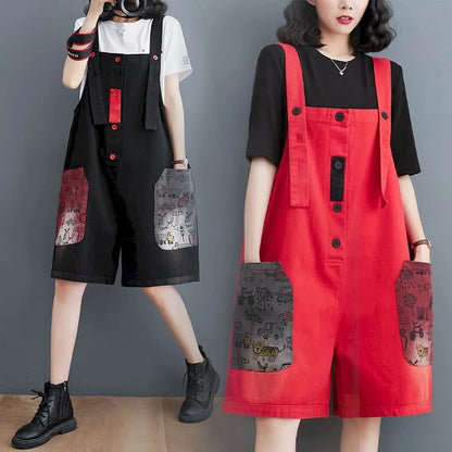 Denim Jumpsuits 2026 Summer Fabric Patch Pants Korean Style Wide Leg Shorts Loose Playsuits One Piece Outfits Women Clothing