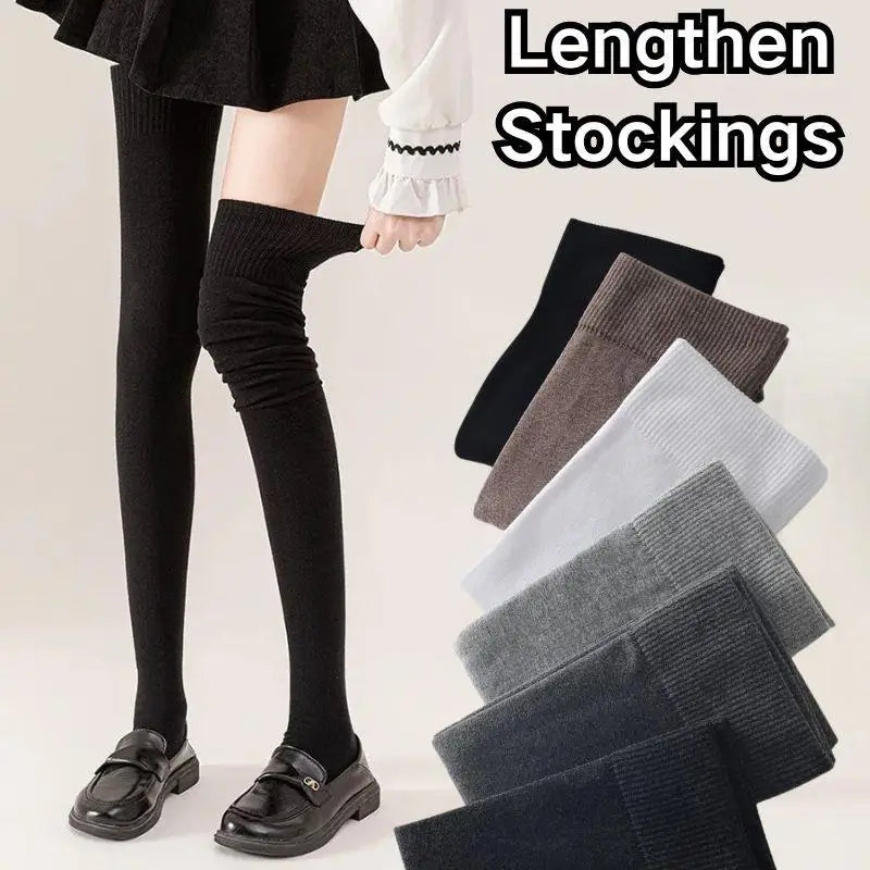 1pair Women Cotton Over Knee High Socks 80cm Lengthened High Over Knee Stockings Black White Soild Color Long Warm Knee Socks