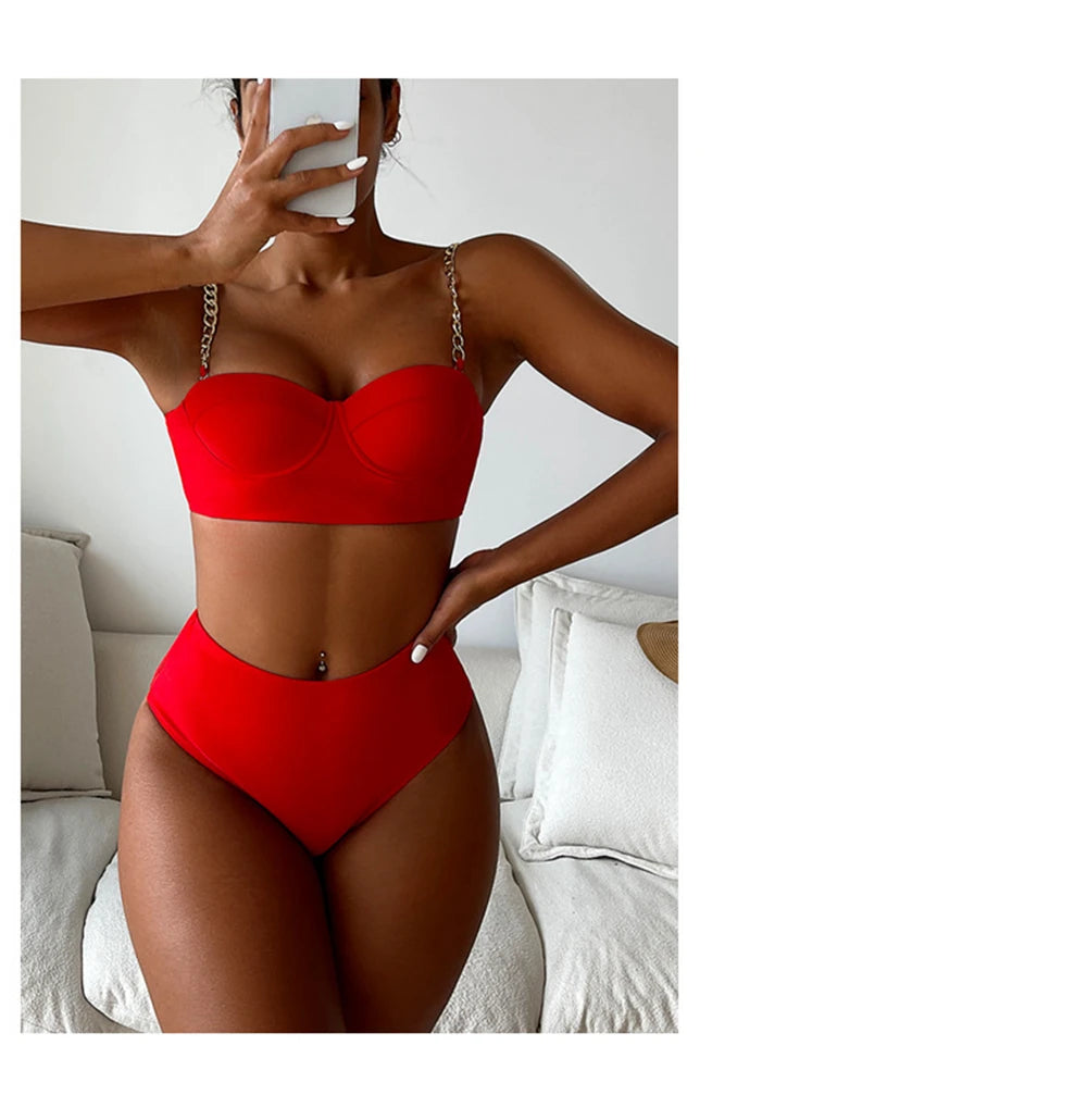 Push Up Bikini Hard Wrap Top Underwire Chain Shoulder Straps High Waist Bottom Swimwear Women Solid Swimming Beach Bathing Suit