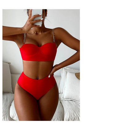 Push Up Bikini Hard Wrap Top Underwire Chain Shoulder Straps High Waist Bottom Swimwear Women Solid Swimming Beach Bathing Suit