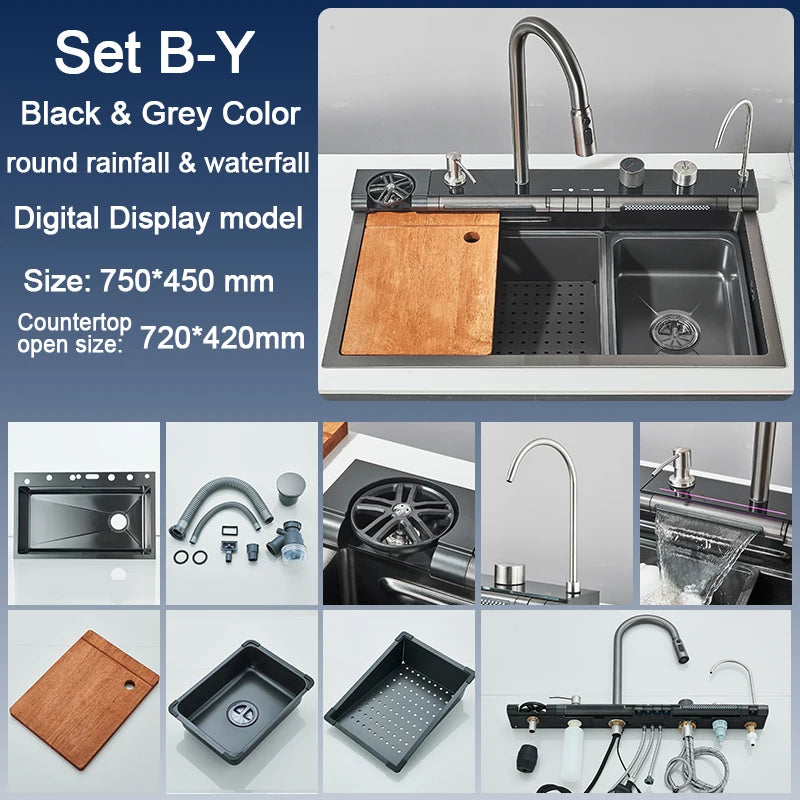 Stainless Steel Kitchen Sink with Faucet Digital Display Large Single Bowl Waterfall Rain 5 Functions System Dish Basin Sink