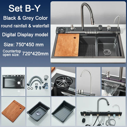 Stainless Steel Kitchen Sink with Faucet Digital Display Large Single Bowl Waterfall Rain 5 Functions System Dish Basin Sink