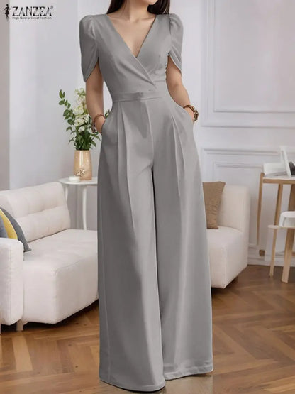 2025 ZANZEA Fashion Summer Women Party Jumpsuits Short Sleeve V-Neck Casual Rompers Playsuits Solid Elegant Pockets Streetwear