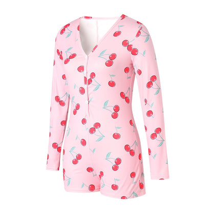Combhasaki Women's Sexy High Waist Functional Buttoned Flap OnesEies Casual Pattern Print Romper Long Sleeve Playsuit Homewear