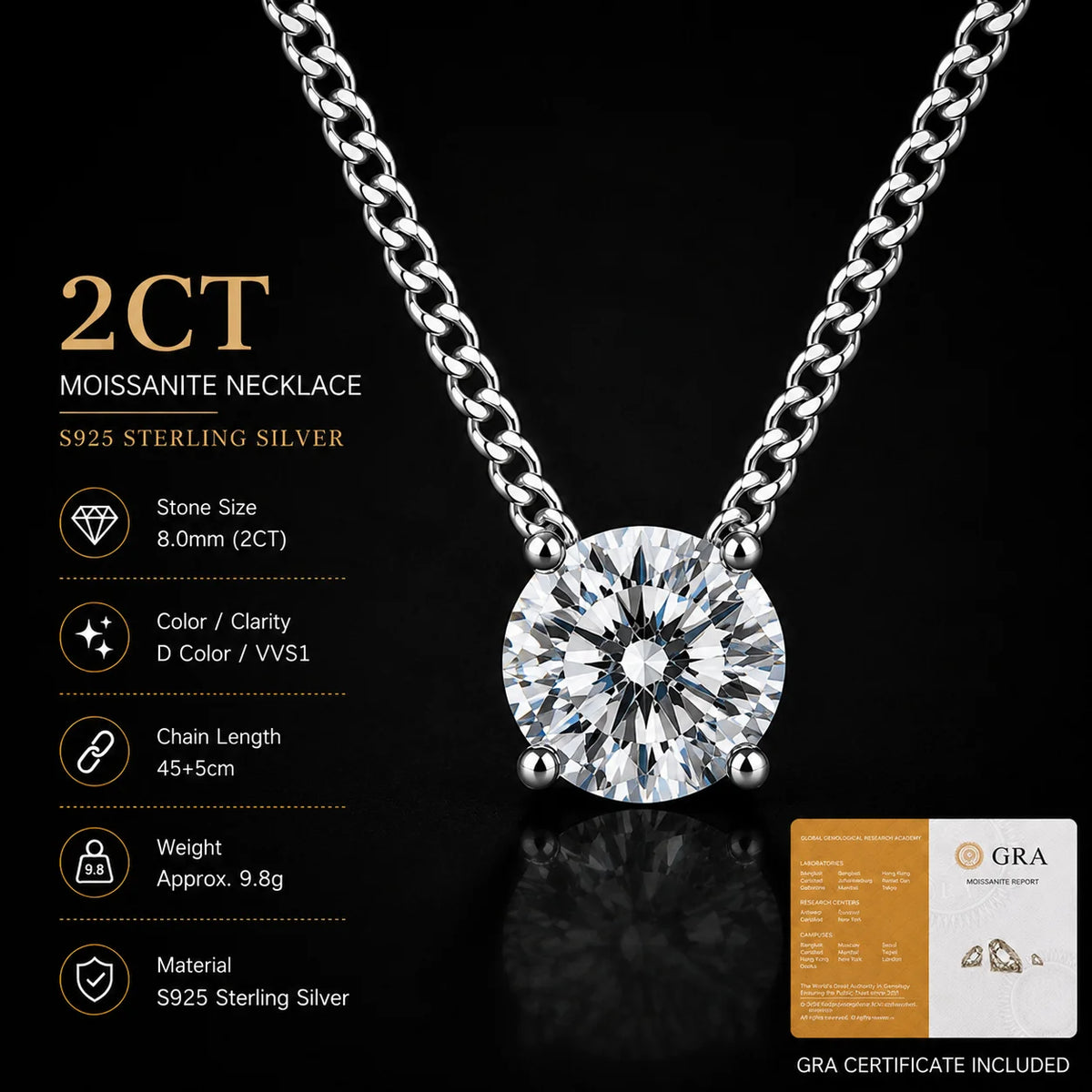 S925 Silver Round Moissanite Necklace 40+5cm Cuban Chain Pendant With Selected GRA Option Anniversary Gift Jewelry
