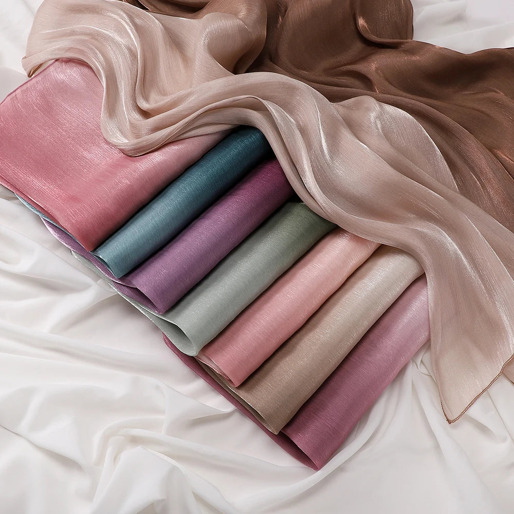 Two-color Shimmer Shiny Satin Hijab Crinkle Scarves Shawl Women Muslim Hijab Crepe Bandana Islamic Shimmer Silk Hijab