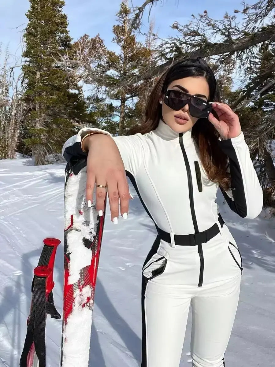 2026 Women's Elegant Skateboard One-piece Fleece Warm Bodysuit Belted Female Long Sleeve Windproof Patchwork Skiing Jumpsuits