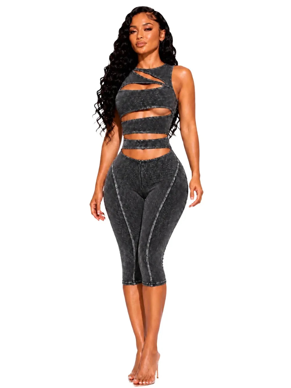 FLARORA Fashion Ribber Knitted Capri Jumpsuits Woman Sexy Hollow Out O-neck Sleeveless Zipper Skinny Playsuits Hottie Streetwear
