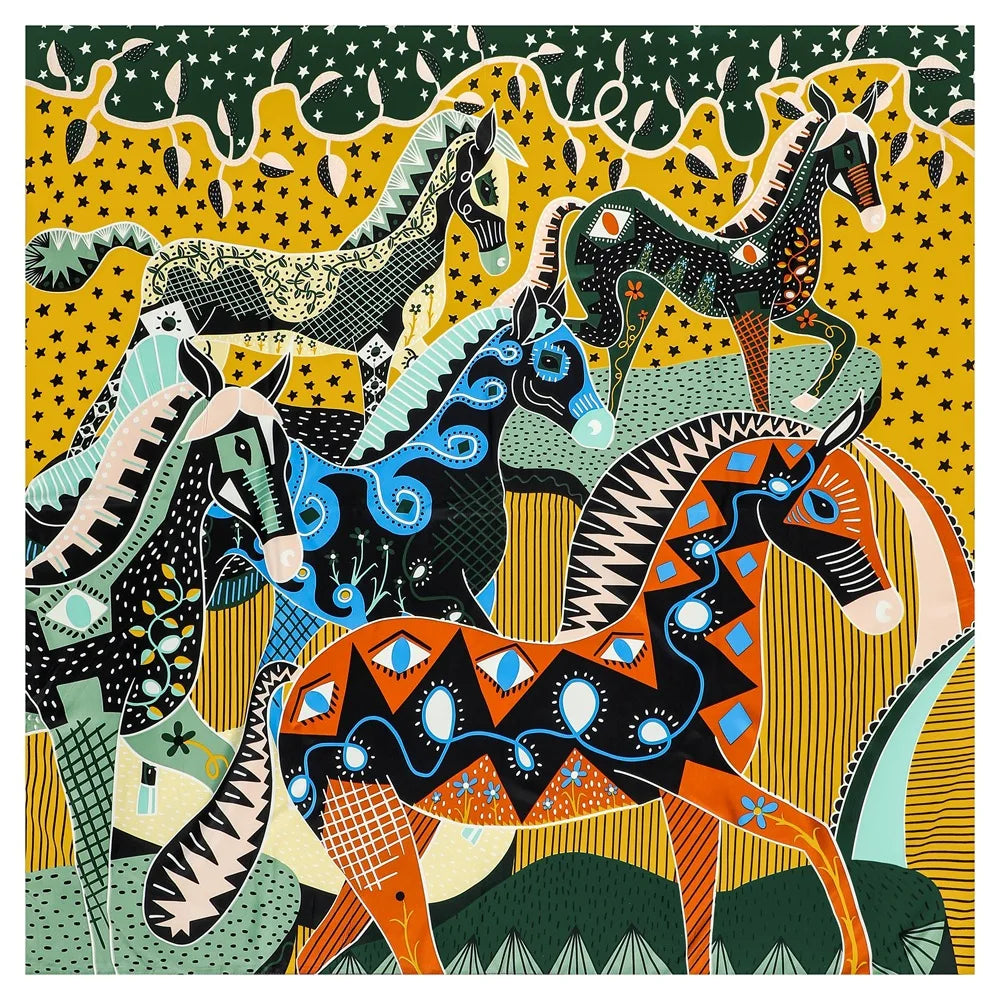 130CM Silk Scarf Women Horse Head Print Stoles Square Scarves Wraps Large Bandana Kerchief Hijabs Female Silk Foulards Sjaal