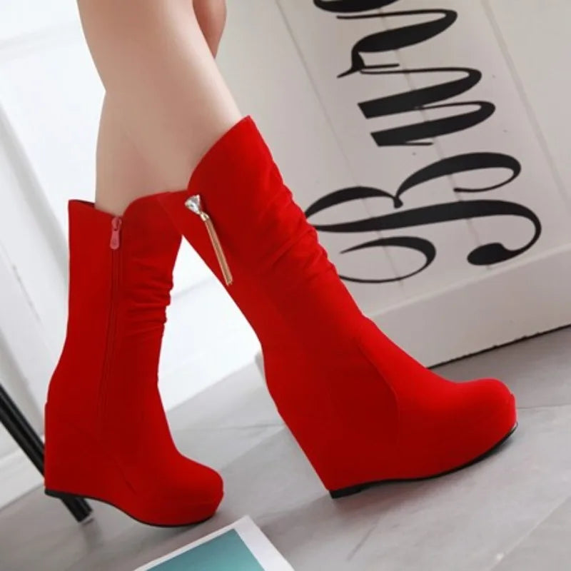 2026 Fashion Women Mid Calf Boots Round Toe Wedges 11cm Platform 3cm Decoration 42 43 Sexy Female Bota