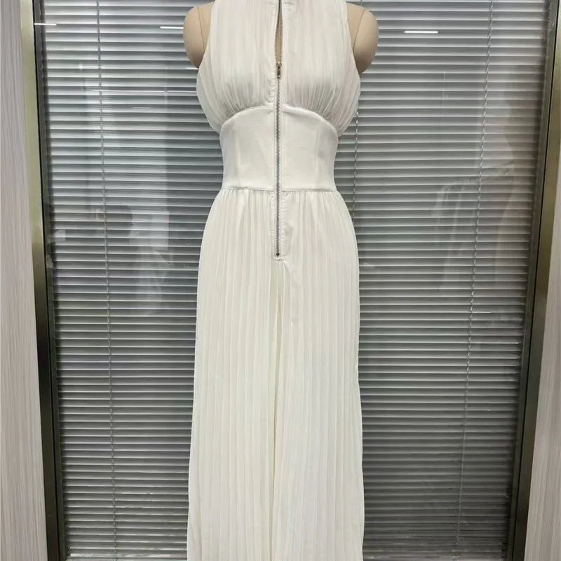 Sexy Deep V Neck Hollow Zip Jumpsuit Women's Spring Solid High Waist Wide Leg Romper Summer Sleeveless Pleated Vacation Overalls