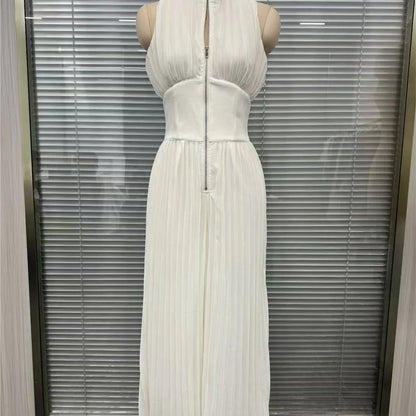 Sexy Deep V Neck Hollow Zip Jumpsuit Women's Spring Solid High Waist Wide Leg Romper Summer Sleeveless Pleated Vacation Overalls