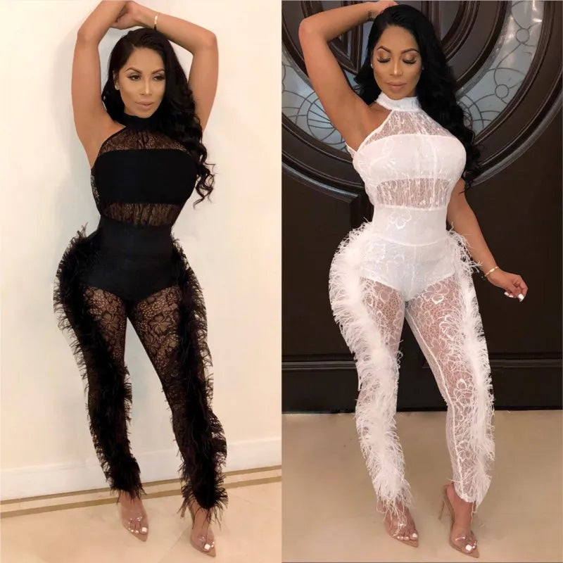 Sexy Lace Skinny Jumpsuit Women Fashion Sleeveless Hollow White Black Slim Jumpsuits 2025 Club Party Jumpsuit Female