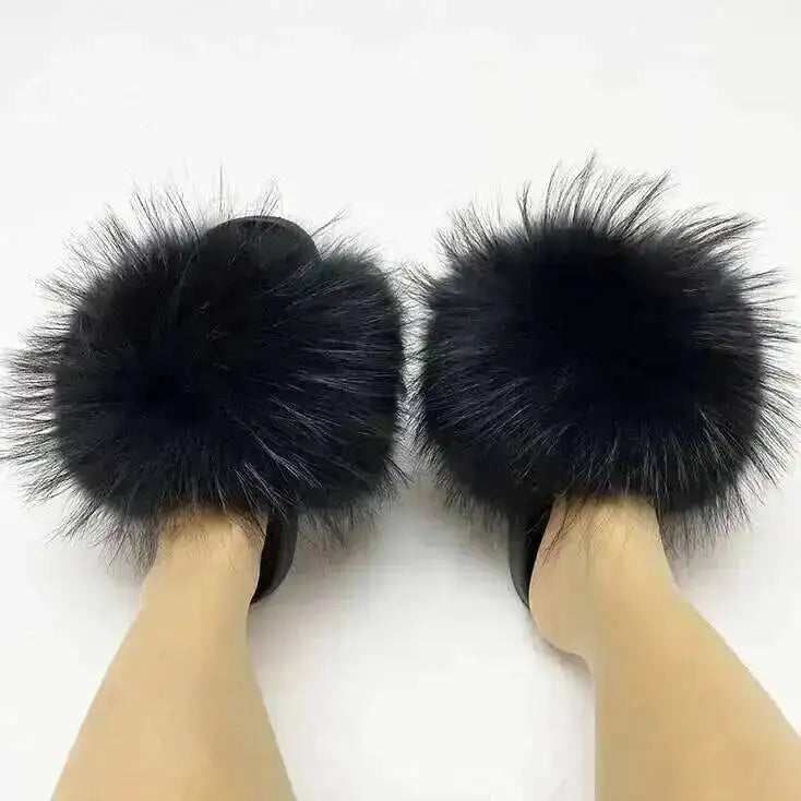 Real Raccoon Fur Slippers For Women 2026 Summer Fluffy Indoor House Fuzzy Flat Slides Outdoor Fashion Beach Sandals Flip Flops