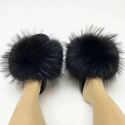 Real Raccoon Fur Slippers For Women 2026 Summer Fluffy Indoor House Fuzzy Flat Slides Outdoor Fashion Beach Sandals Flip Flops