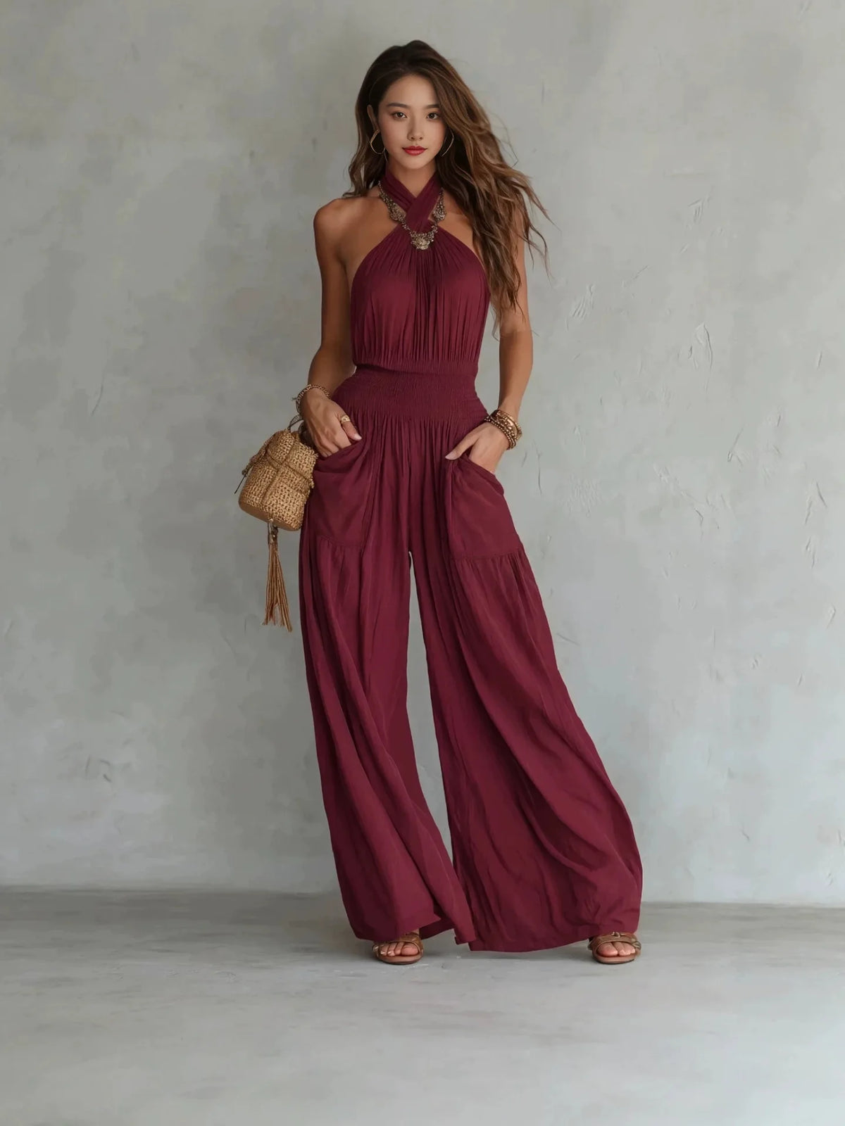 Retro Solid Women's Loose Wide Leg Jumpsuit Fashion Neck Hanging Design Sexy Backless Romper With Pocket Ladies Office Jumpsuits