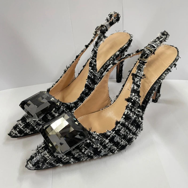 Luxury Diamonds Brand High Heels Women Sexy Pointed Toe Pumps Jewelry Sandals Ladies Elegant  Backless Party Dress Shoes Female