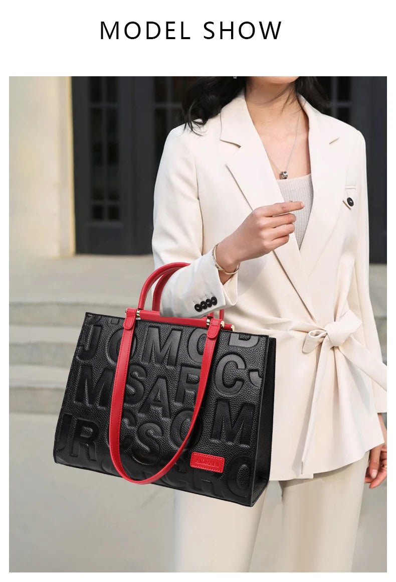 2026 New Large Capacity Contrast Letter Printed Women's Handbag High end Cowhide Mom's Bag