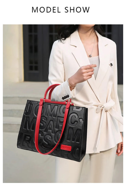 2026 New Large Capacity Contrast Letter Printed Women's Handbag High end Cowhide Mom's Bag