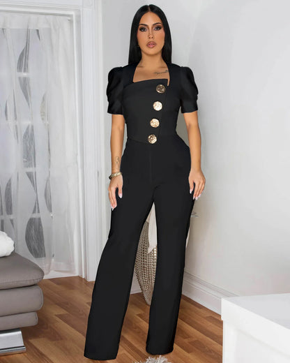 CM.YAYA Fashion Women Button Front Puff Short Sleeve Wide Leg Jumpsuits 2025 Sexy OL Chic Party Outfits One Piece Suit Rompers