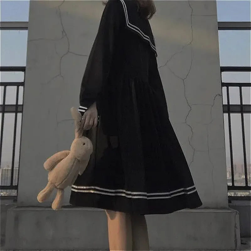 Bow splicing loose A-line fashionable knee length cute empire preparatory style Japanese full set black school uniform