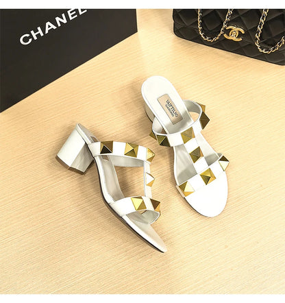 Women's Heels Sandals Gladiator Summer Luxury Brand Designer Rivets Open Toe Slipper Slingbacks Comfortable Ladies Shoes Women