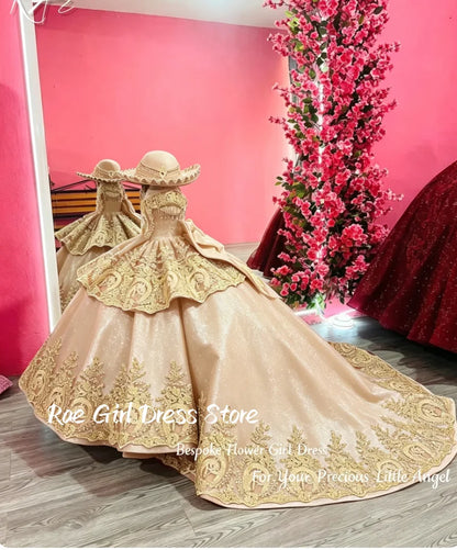 Red Flower Girl Dress Velvet Gold Lace Embroidery Floor Length Gown Wedding Pageant Cultural Formal Gowns Customized