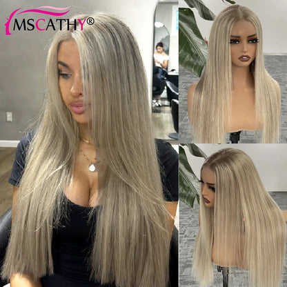 13x4 Glueless Ash Blonde Highlight Lace Front Wigs For Women Straight Brazilian Remy Human Hair Wig HD Transparent Lace Frontal
