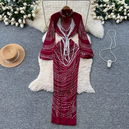 Chic vintage rhinestone slim long sleeve Elegant Fairy korean fashion autumn Sundress women clothing
