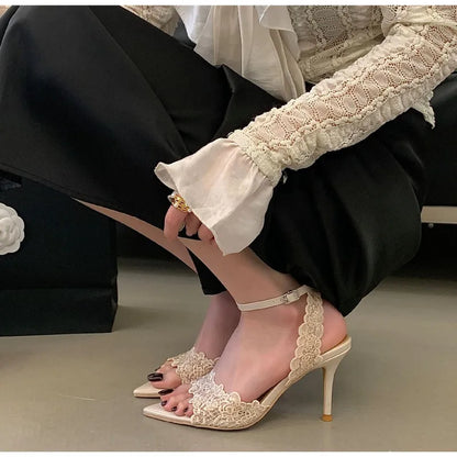 Luxury Lace Embroidery Ankle Strap Buckle Women Gladiator Sandals Elegant Thin High heels Summer Fashion Party Wedding Shoes