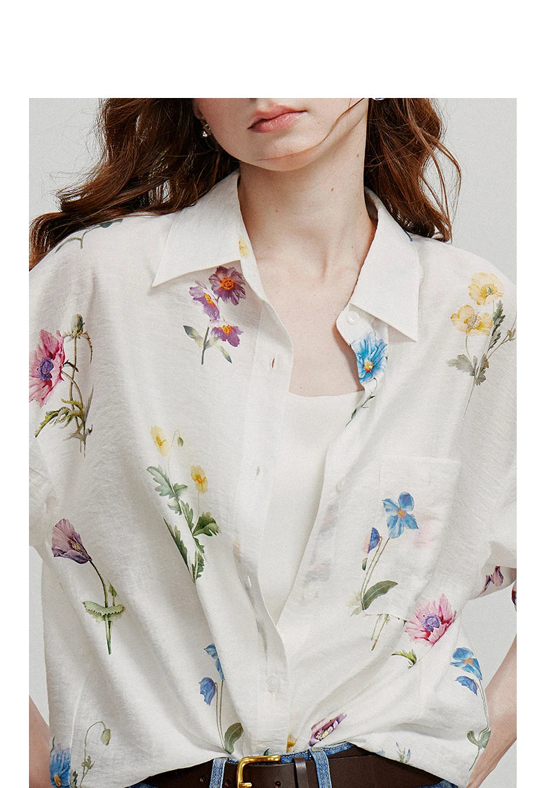 TOYOUTH Women Shirts 2026 Summer New Linen Lyocell Print Fresh Mid Length Floral Blouse Tops