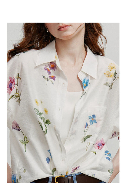 TOYOUTH Women Shirts 2026 Summer New Linen Lyocell Print Fresh Mid Length Floral Blouse Tops
