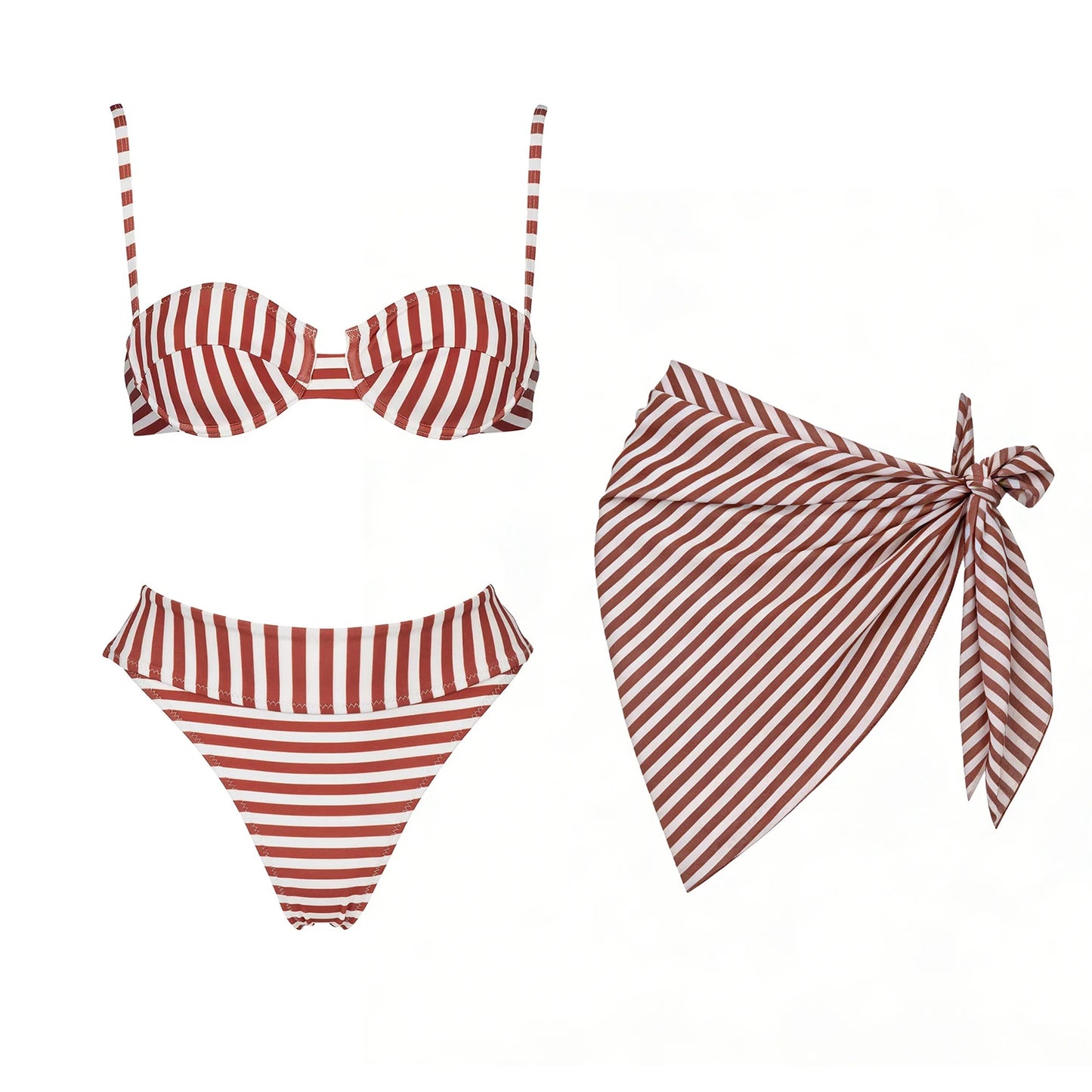 Striped 3Pcs Bandeau Biquini 2026 Women Sexy Swimsuit Push Up Swimwear Female Swimming Suits Low Waisted Bathingsuit Beachwear