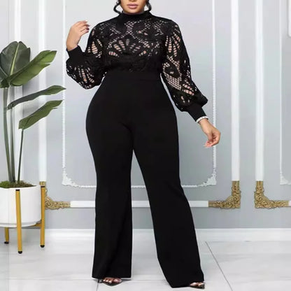 Temperament commuter Slim women's plus size dress mesh lace lace casual jumpsuit trousers