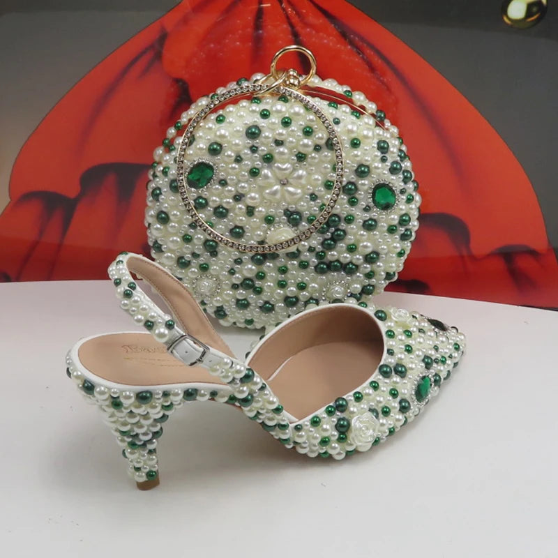 BaoYaFang Green Pointed Toe Pearl Bridal Wedding Shoes and Bag Thin Heel Slingbacks Female Ladies Party Shoe Shallow Women Shoes