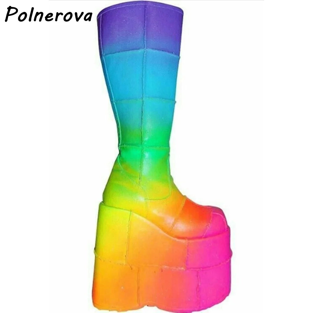 Double Platform Knee High Boots Rainbow Patchwork Round Toe Thick Soled Women's Shoes Women's Fashion Sexy Leather Winter Boots