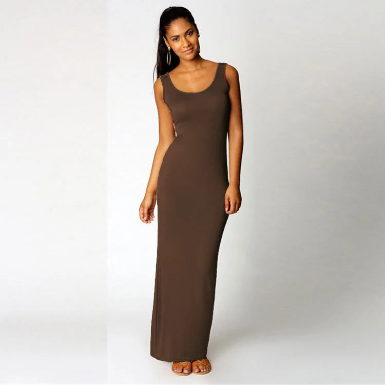 Women‘s Maxi Dress Sleeveless Bodycon Long Dress Elegant Casual Homewear Spring Summer Cool Solid-Color Dress