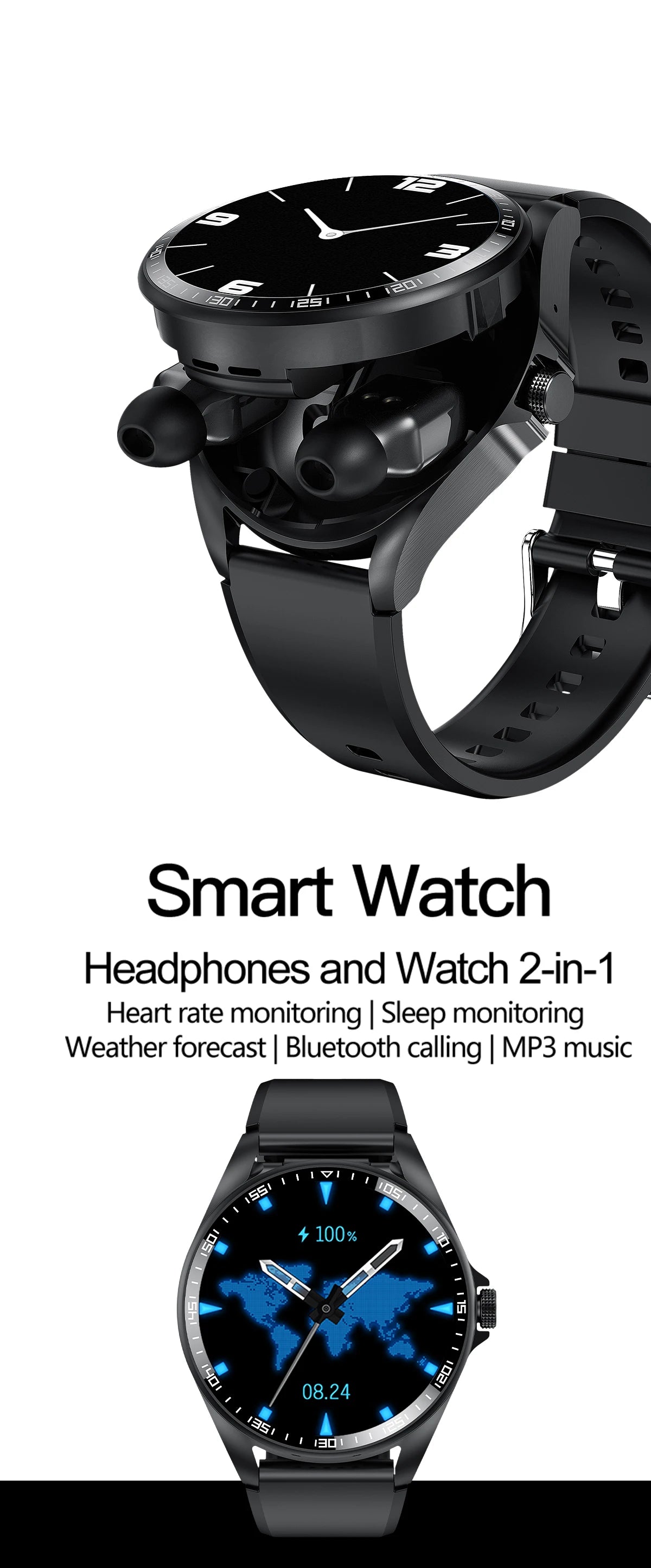 Smart Watch 2 in 1 with Headphones AI Voice Assistant Bluetooth Call Health Monitor DIY Wallpaper 1.46inch HD Screen Wristwatch