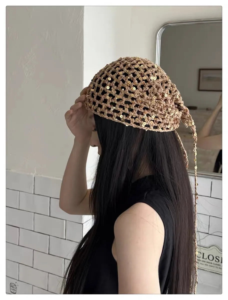 French Retro Knitted Triangular Towel Female Hottie Travel Sweet and Cute Literary Style Handmade Crochet Headscarf Headband