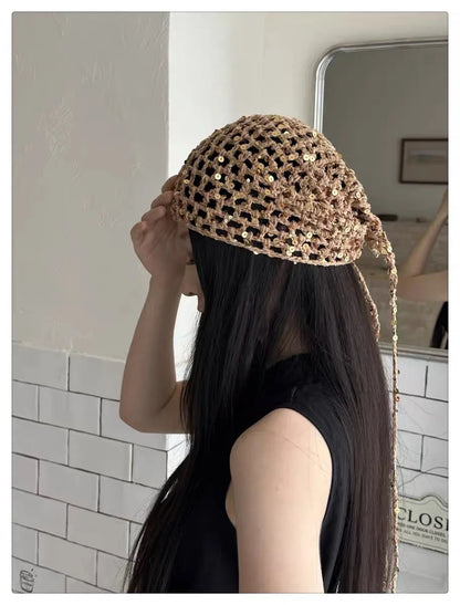 French Retro Knitted Triangular Towel Female Hottie Travel Sweet and Cute Literary Style Handmade Crochet Headscarf Headband