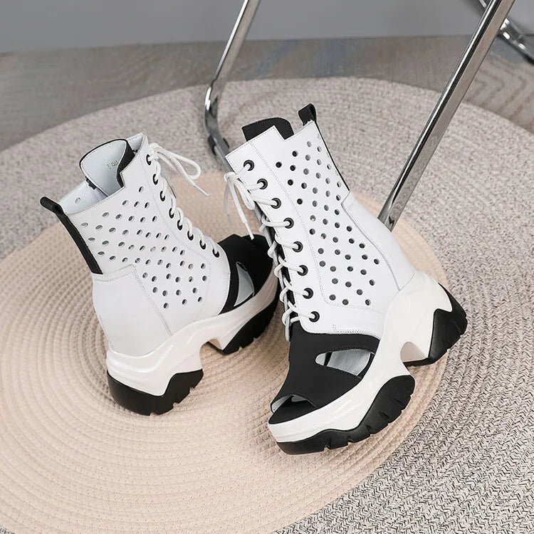 Women's Peep Toe Wedge Boots Summer Hollow Out Lace Up Side Zipper Platform Wedge Heel Breathable Fashion Retro Casual Shoes