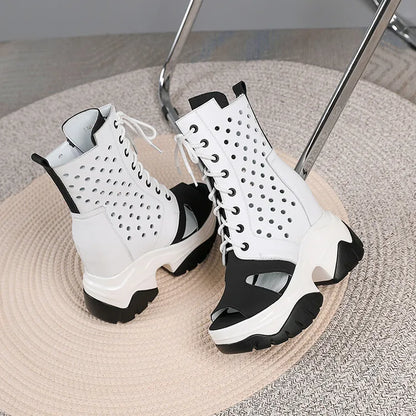 Women's Peep Toe Wedge Boots Summer Hollow Out Lace Up Side Zipper Platform Wedge Heel Breathable Fashion Retro Casual Shoes