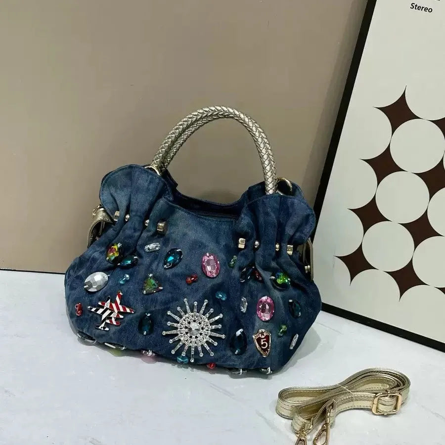 New Luxury Women Denim Bags Sweet Blue Pattern High Quality Handbags With Purses Diamond Ladies Tote Bag Messenger Bags