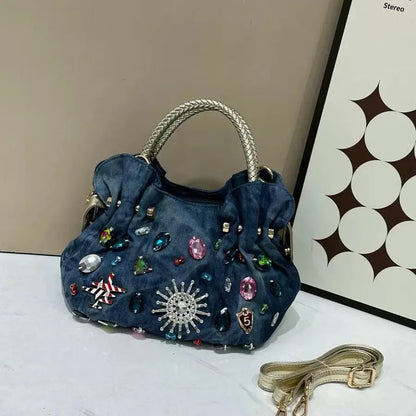 New Luxury Women Denim Bags Sweet Blue Pattern High Quality Handbags With Purses Diamond Ladies Tote Bag Messenger Bags