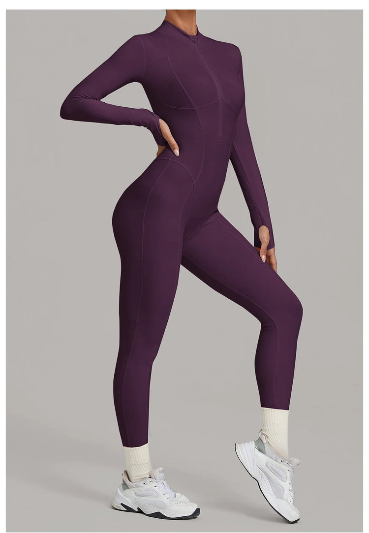 Zipper Jumpsuits for Woman No Padding Sports Overalls for Women Long Sleeve Gym Clothes Woman Activewear 2026 Purple Coffee XL
