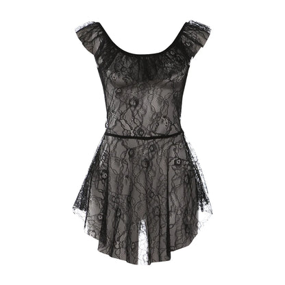 Kliou Sexy See Through Short Dress Woman Ruffles Decoration Low-Neck Backless Sleeveless Vacation Beach Party Style Mini Bodycon